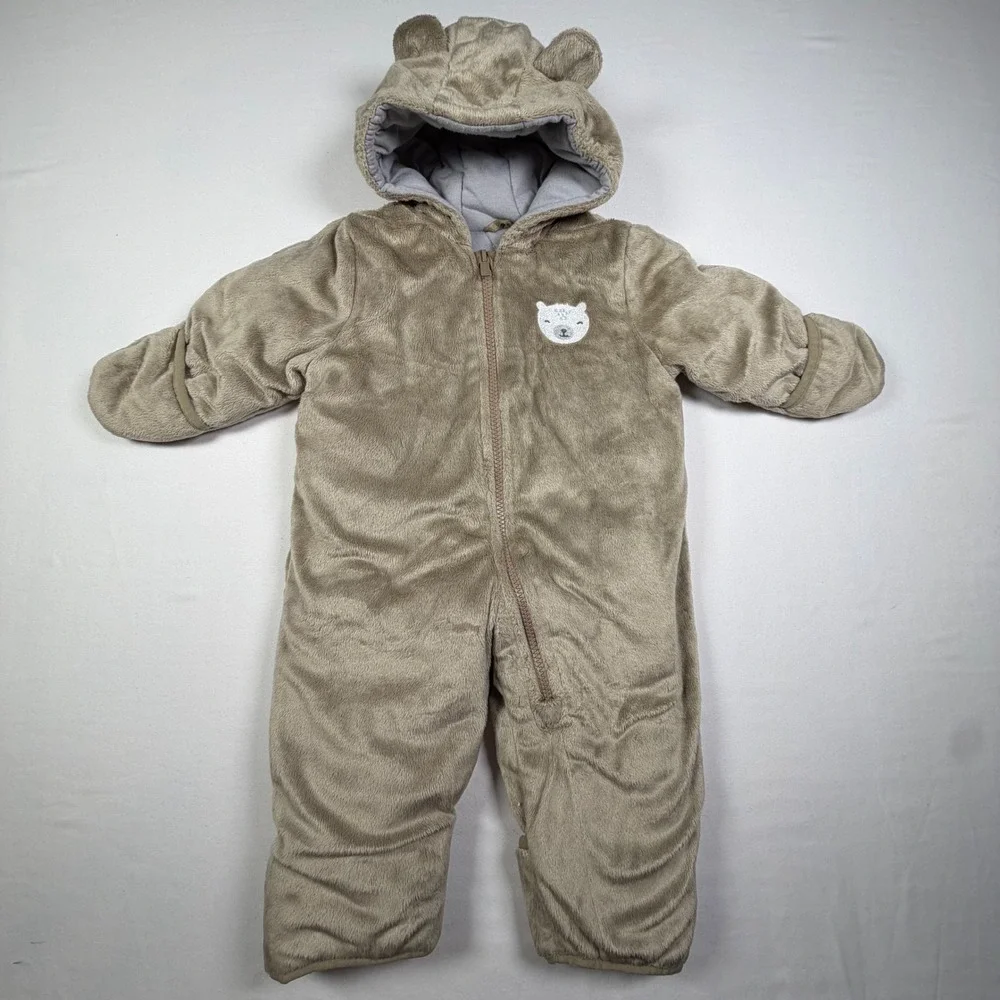 Carter's Pram Suit Bear Ear Hooded Fleece Snowsuit Sherpa Cozy Bunting Baby 3/6M